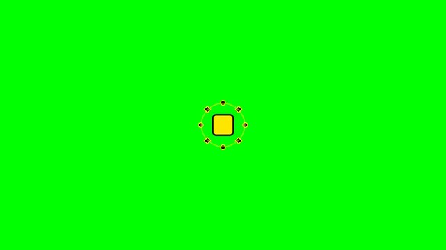 Minimalist yellow square icon surrounded by a circular dotted path graphic
