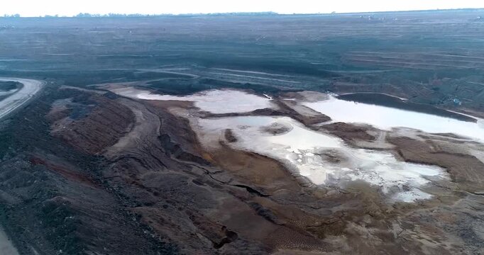Aerial Drone View of Terraced Open Pit Coal Mine with Heavy Machinery in India
