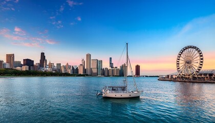 Naklejka premium chicago city skyline with sailboat and ferris wheel at dusk