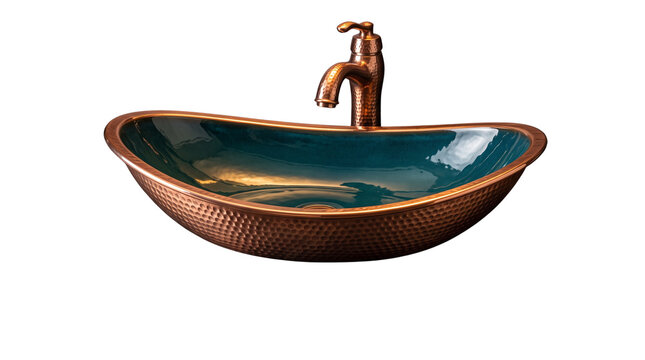 Vintage hammered copper bathroom sink with teal enamel interior, rustic vessel washbasin and bronze faucet, luxury handcrafted vanity bowl