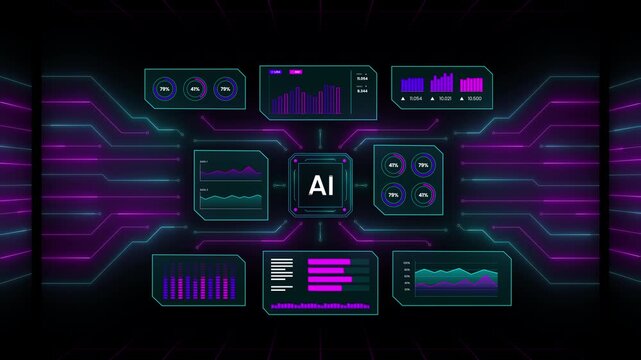 High tech AI control terminal visualizing neural network connections, system metrics, and logs.