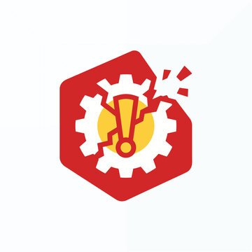 Warning icon representing a broken cogwheel with an exclamation mark inside a hexagon