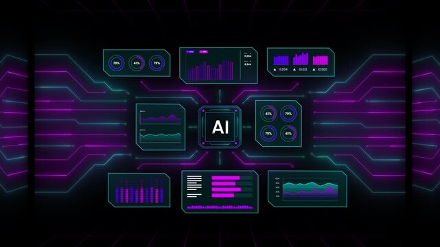 Centered AI command interface with symmetrical data panels, circuit lines, and system indicators.