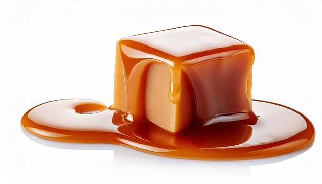 caramel sauce flowing on caramel cube isolated on white background