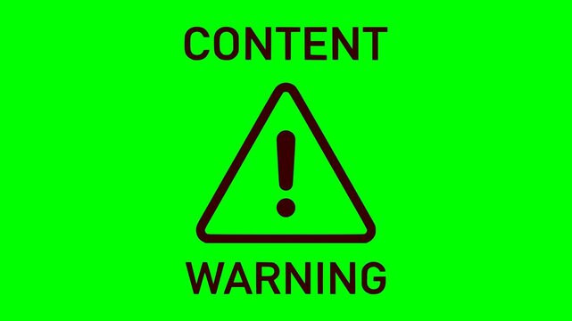 content warning animation with a black triangle icon, exclamation mark, text, green screen chroma key background, and red flashing light effect