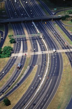 Aerial View of Multi-Lane Highway Interchange and Express Lanes Traffic