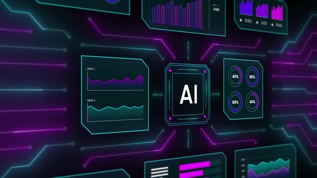 Sliding perspective angle of an AI UI showing scrolling charts and circuit data connections.