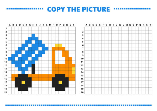 Colorful pixel art of a truck with blue cargo on grid paper  