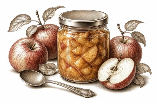 Vintage engraved apple jam jar with fresh apples and spoon still life illustration