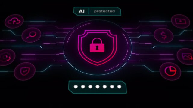 High tech magenta interface featuring a central padlock shield and digital password authentication bar.