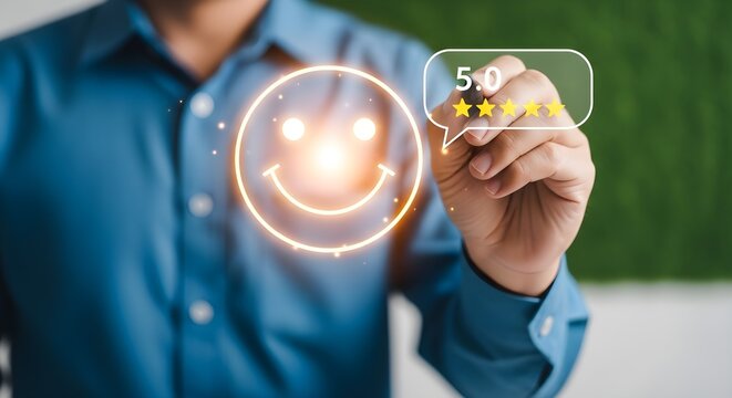 Business person showing a five star rating and a happy face emoji icon on a digital touchscreen display to express great customer service satisfaction and positive feedback experience
