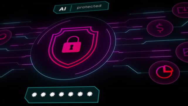 Perspective angle of a glowing AI cyber shield icon protecting digital network server connections.