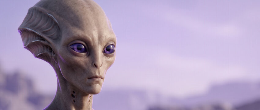 Extraterrestrial Being With Purple Eyes Against Lavender Sky