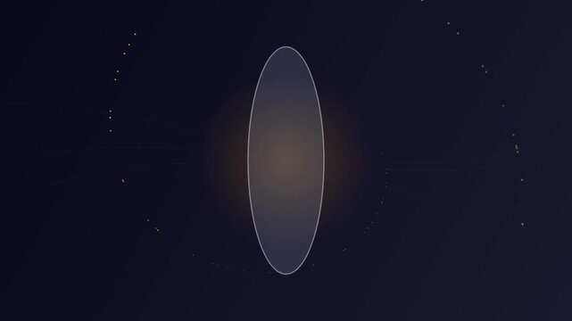 Abstract glowing oval shape with floating golden particles in dark space