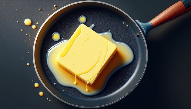 piece of butter in shape of parallelepiped began to melt in hot frying pan with dark non stick surface foam bubbles minimalist food art geometric shape melting process clear composition top view
