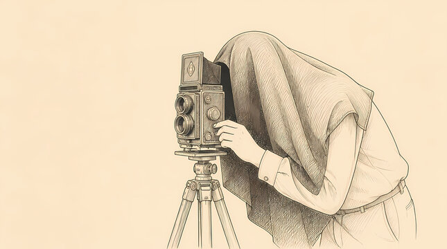 Person operating vintage twin-lens reflex camera mounted on tripod with cloth draped over head during photography session