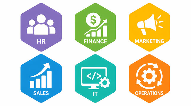 Business Function Icons Representing HR Finance Marketing Sales IT Operations Departments in Colorful Hexagonal Shapes