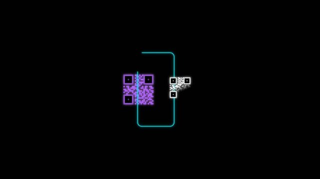 Neon glowing smartphone scanning QR code icon on dark background for digital technology concept