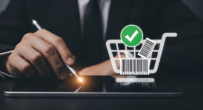 Businessman using a digital tablet to complete an online shopping transaction with a shopping cart icon a barcode and a green check mark symbol representing a successful payment process