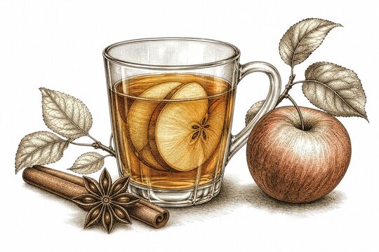 Vintage engraved apple cider mug with cinnamon and star anise autumn spice still life