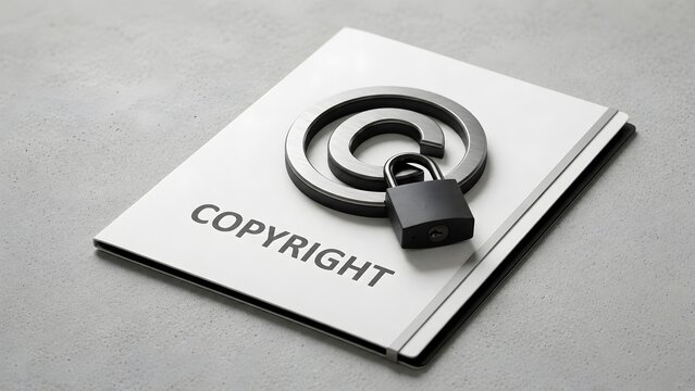 Intellectual property protection and copyright law. Secure legal document folder with metal copyright symbol and padlock