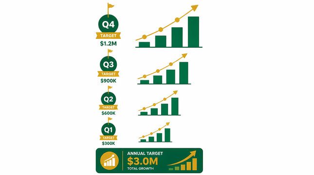 Business Growth Chart Showing Quarterly Targets and Annual Target with Green Bars and Yellow Arrow Line Graphs