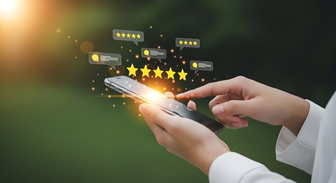 Person holding a smartphone giving five star rating and feedback with chat bubbles above the screen to show customer satisfaction and business service quality experience in a modern digital way