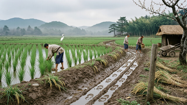 Traditional Rice Planting in Rural Countryside