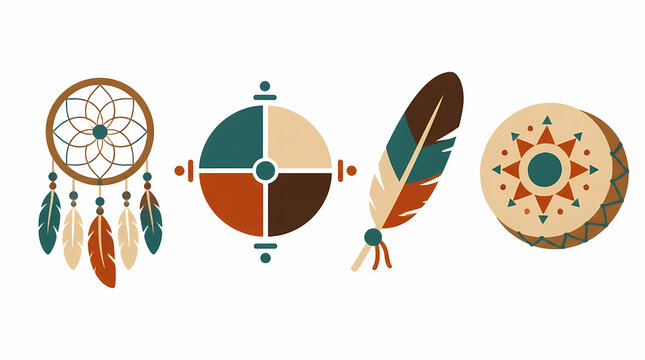 Native American spiritual symbols including dreamcatcher feather and drum with geometric patterns representing cultural heritage and traditional beliefs