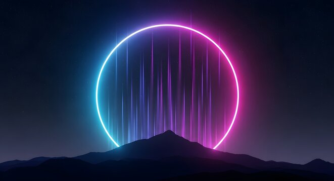 Glowing neon circle light with purple and blue rays shining behind a dark mountain silhouette at night in a futuristic abstract digital art landscape design for modern creative projects