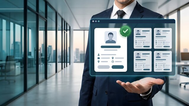 Human resources management and talent acquisition. Professional holding digital employee verification and applicant tracking system interface