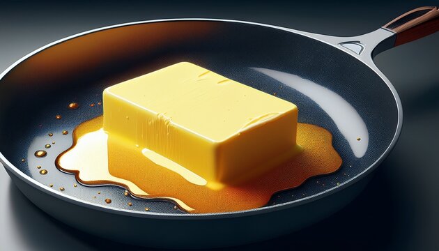 piece of butter in shape of parallelepiped began to melt in hot frying pan with dark non stick surface foam bubbles minimalist food art geometric shape melting process clear composition