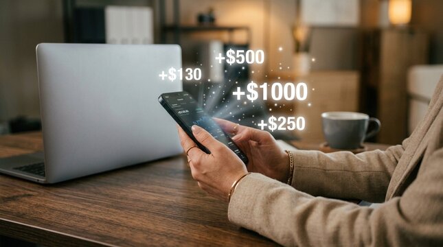 woman holding dark mode smartphone displaying stock trading app with floating dollar amounts, representing online investment, stock market profit, wealth growth, and digital finance