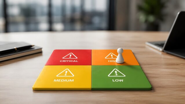 Risk assessment matrix and threat prioritization strategy. White pawn on high risk quadrant for corporate crisis management