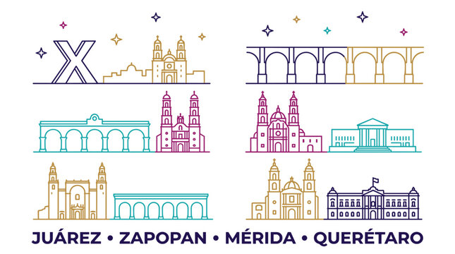 Colorful Mexican City Skyline Landmark Line Icon Set Vector Illustration Featuring Ju&aacute;rez, Zapopan, M&eacute;rida and Quer&eacute;taro