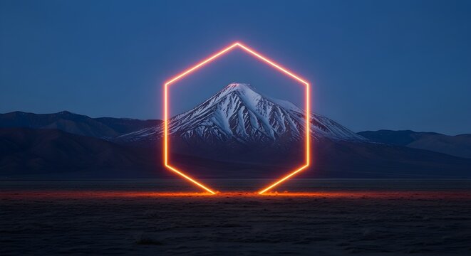 A glowing orange neon hexagon frame floating in front of a majestic snowy mountain peak under a dark blue night sky creating a surreal and futuristic landscape scene for creative design