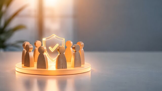 Employee data protection and team security. Wooden human figures surrounding glowing checkmark shield representing safe corporate environment