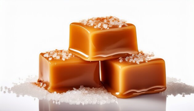 close up of a stack of golden salted caramel cubes with a sprinkle of coarse sea salt on top isolated on a white background