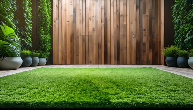 vibrant green artificial turf with wooden wall and lush greenery design