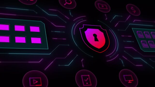 Detailed close up shot of an AI cyber shield with glowing magenta circuit paths and data blocks.