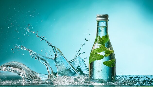 fresh drink concept with water splash and glass bottle