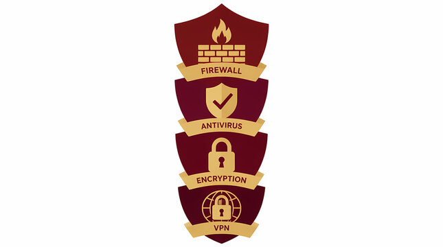 Cybersecurity Protection Symbols Shielded Layered Design with Firewall Antivirus Encryption and VPN Icons in Maroon Gold Color Scheme