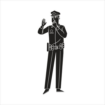 Silhouette of a police officer signaling with a whistle, enforcement