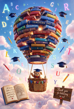 Colorful hot air balloon made of books with teddy bear celebrating teachers day in whimsical sky scene