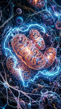Mitochondrion, essential cell component, actively producing biological energy, illuminating complex inner structure, driving critical metabolic process within living organism.
