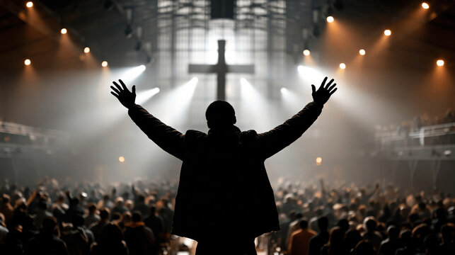 Worship church faith prayer crowd cross religion praise hope belief silhouette of worship leader facing large congregation under glowing cross, joyful spiritual atmosphere in grand church hall