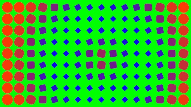 A vibrant grid of colorful geometric shapes on a solid green background