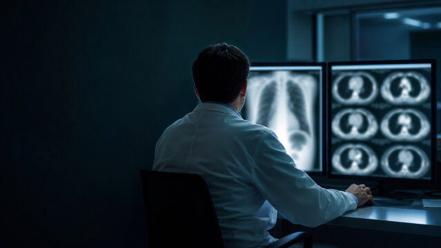 Wide shot of a radiologist seen from behind seated at dual diagnostic monitors in a darkened reading room, glow rim-lighting the shoulders, a large empty dark wall occupying the left. Generative AI.