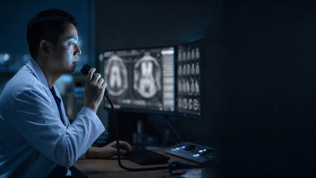 Side profile of a radiologist speaking into a dictation microphone, face lit by screen light, dark empty negative space filling the right half of the frame. Generative AI.