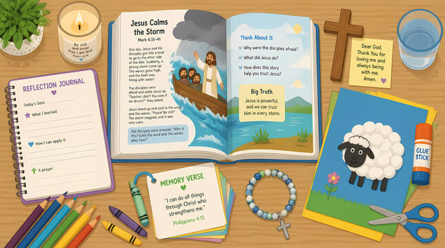 Christian Children's Bible Study Setup with Reflection Journal, Craft Materials and Religious Symbols on Wooden Table